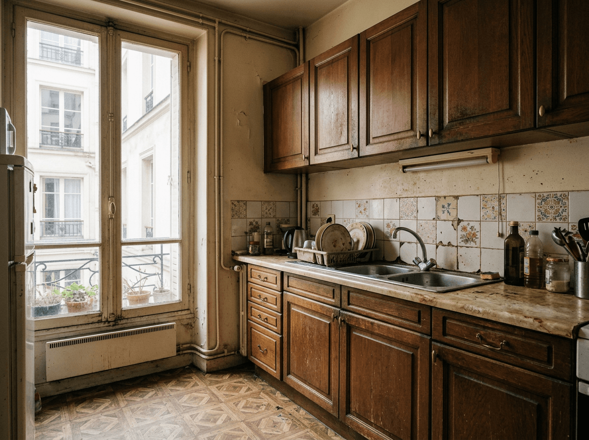 Avant : Cuisine vieillissante avec meubles en bois foncé avant travaux