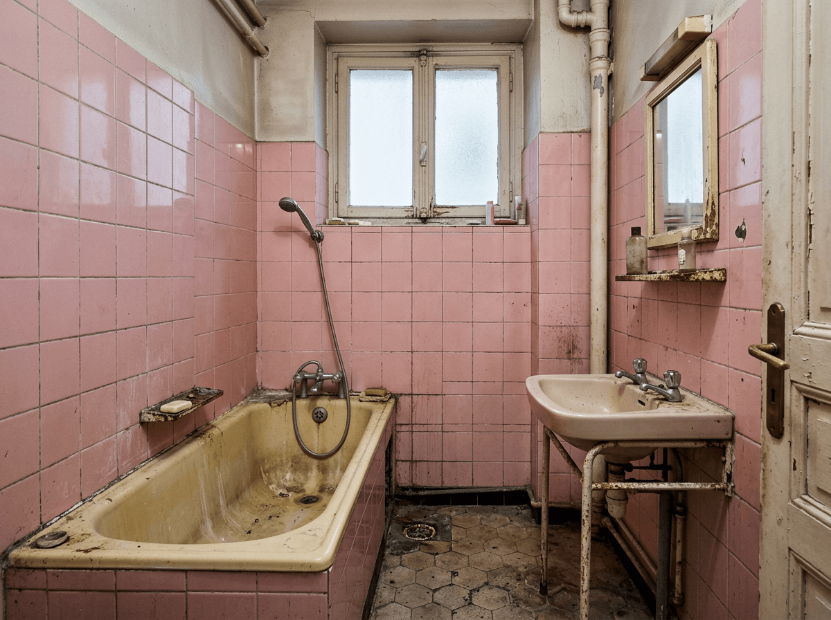 Avant : Salle de bains ancienne avec carrelage daté avant travaux