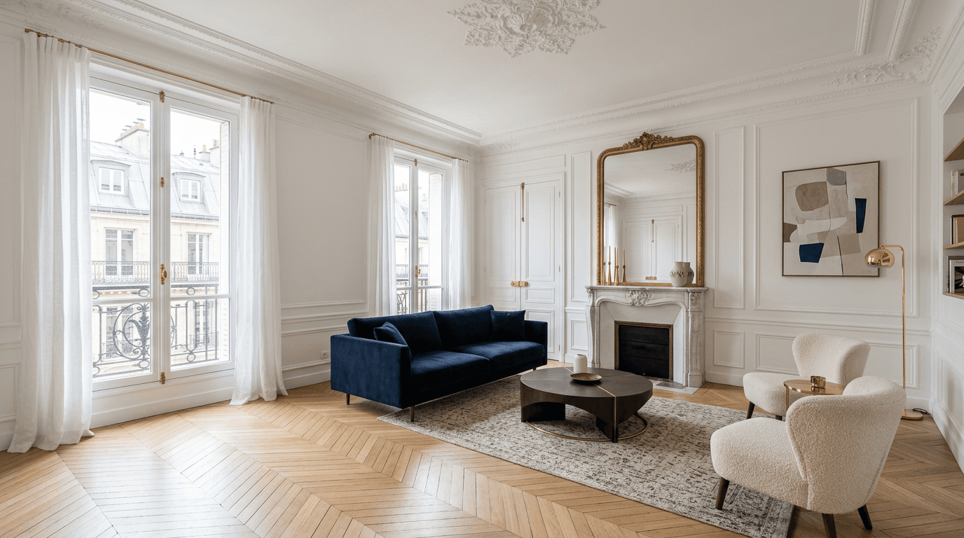 Salon haussmannien rénové avec parquet en point de Hongrie, moulures et lumière naturelle