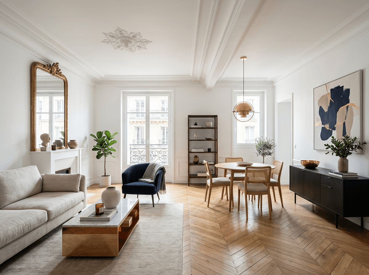 Appartement parisien entièrement rénové, murs blancs, moulures et parquet clair
