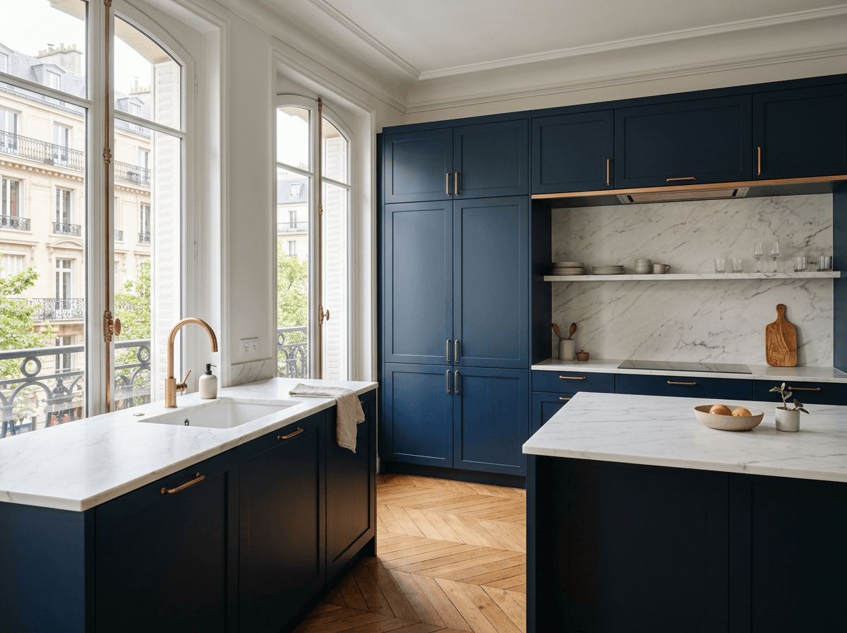 Après : Cuisine rénovée bleu marine avec plan de travail en marbre