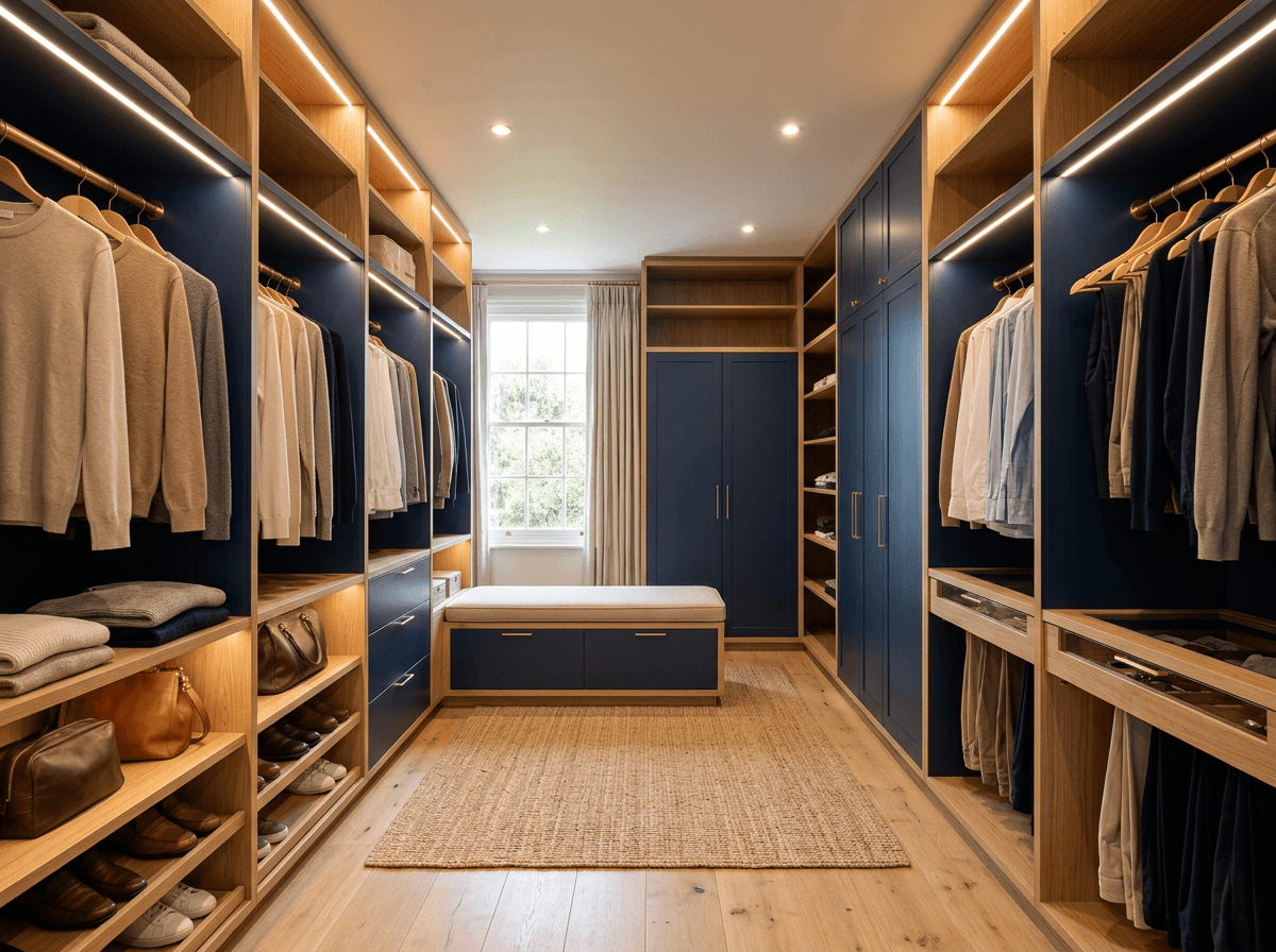 Dressing sur mesure en chêne et bleu marine avec éclairage intégré