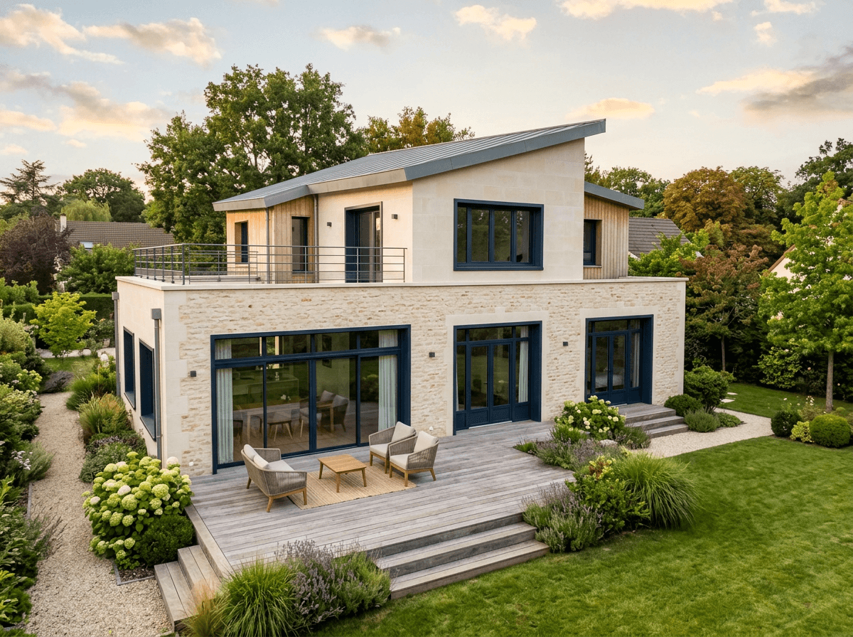 Maison contemporaine rénovée en Île-de-France avec terrasse en bois et jardin