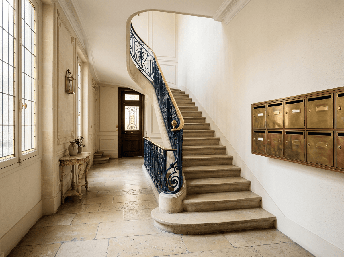 Hall d'immeuble parisien rénové avec escalier et rampe en fer forgé