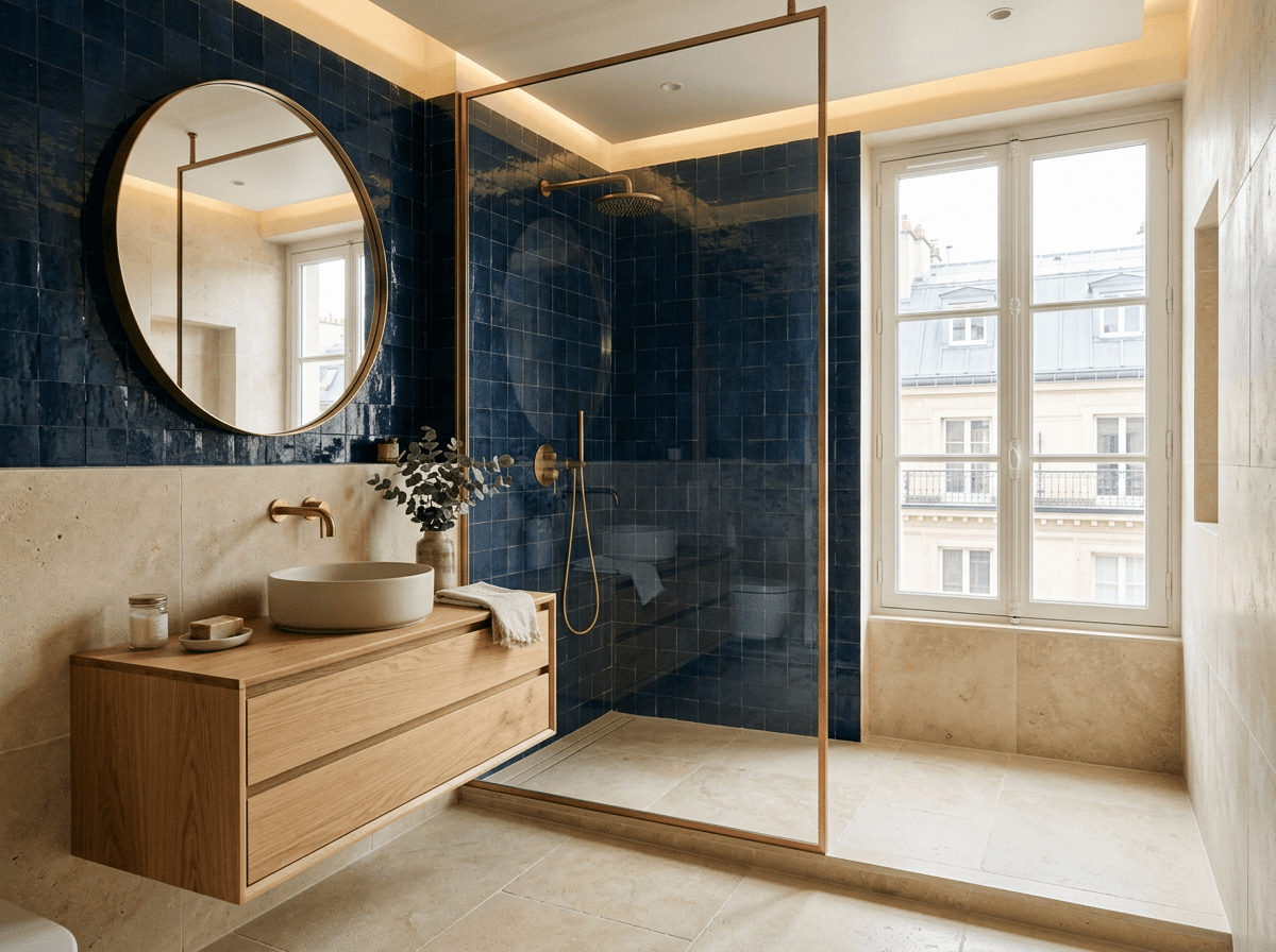 Salle de bains rénovée avec douche à l'italienne, meuble vasque en chêne et robinetterie cuivrée